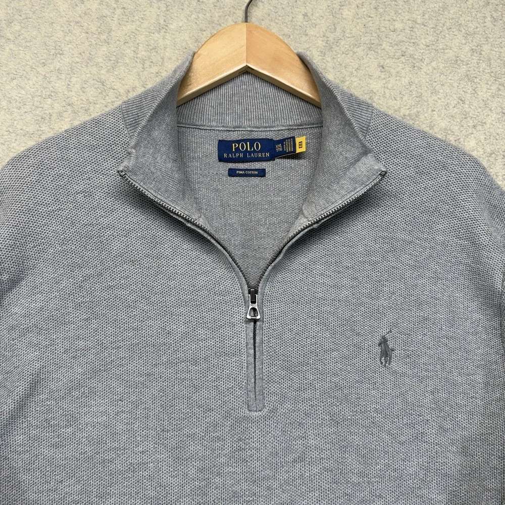 Polo Ralph Lauren‎ Mens XXL Gray Pima Cotton Quarter Zip Sweater Pullover Logo